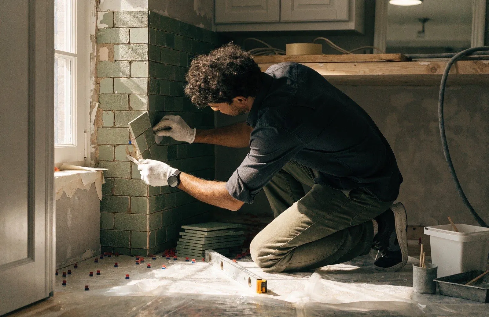 Artisan carreleur d'Allo Sanitaire Express posant de la faïence lors d'une rénovation de salle de bain en Île-de-France