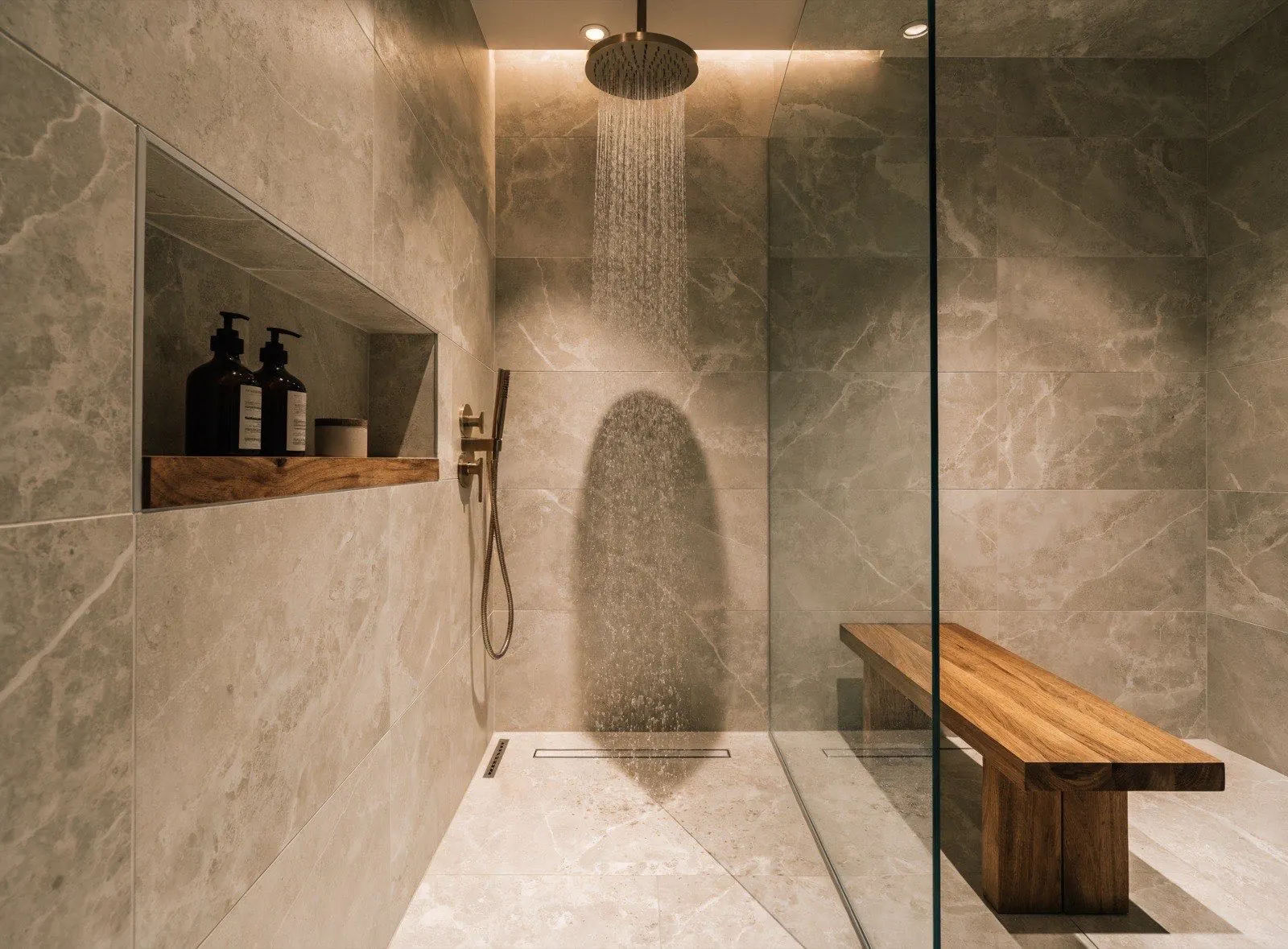 Douche italienne moderne avec paroi vitrée et robinetterie laiton après rénovation